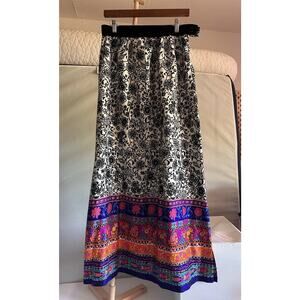70s Vintage Alex Colman Boho Maxi Skirt Folk Floral Print Psychedelic Border Hem